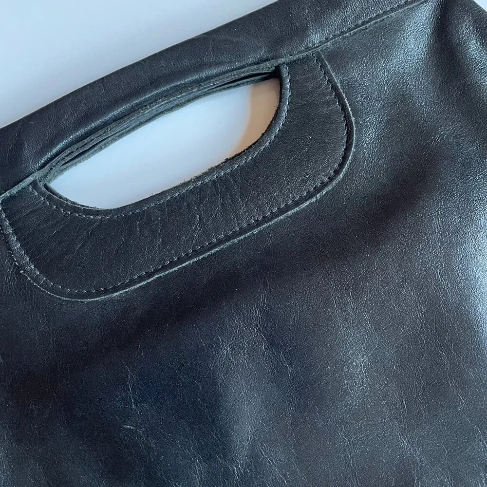 Vintage Black Genuine Leather Double Hinged Clutch with Cut Out Handle